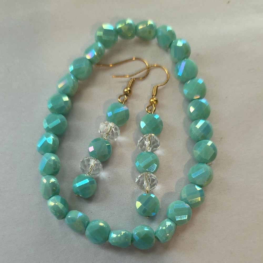 Handmade Aqua Beaded Bracelet & Earring Set